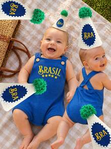 Baby Cotton Overalls And Vintage Copa Brasil Hat - Blue - View 9