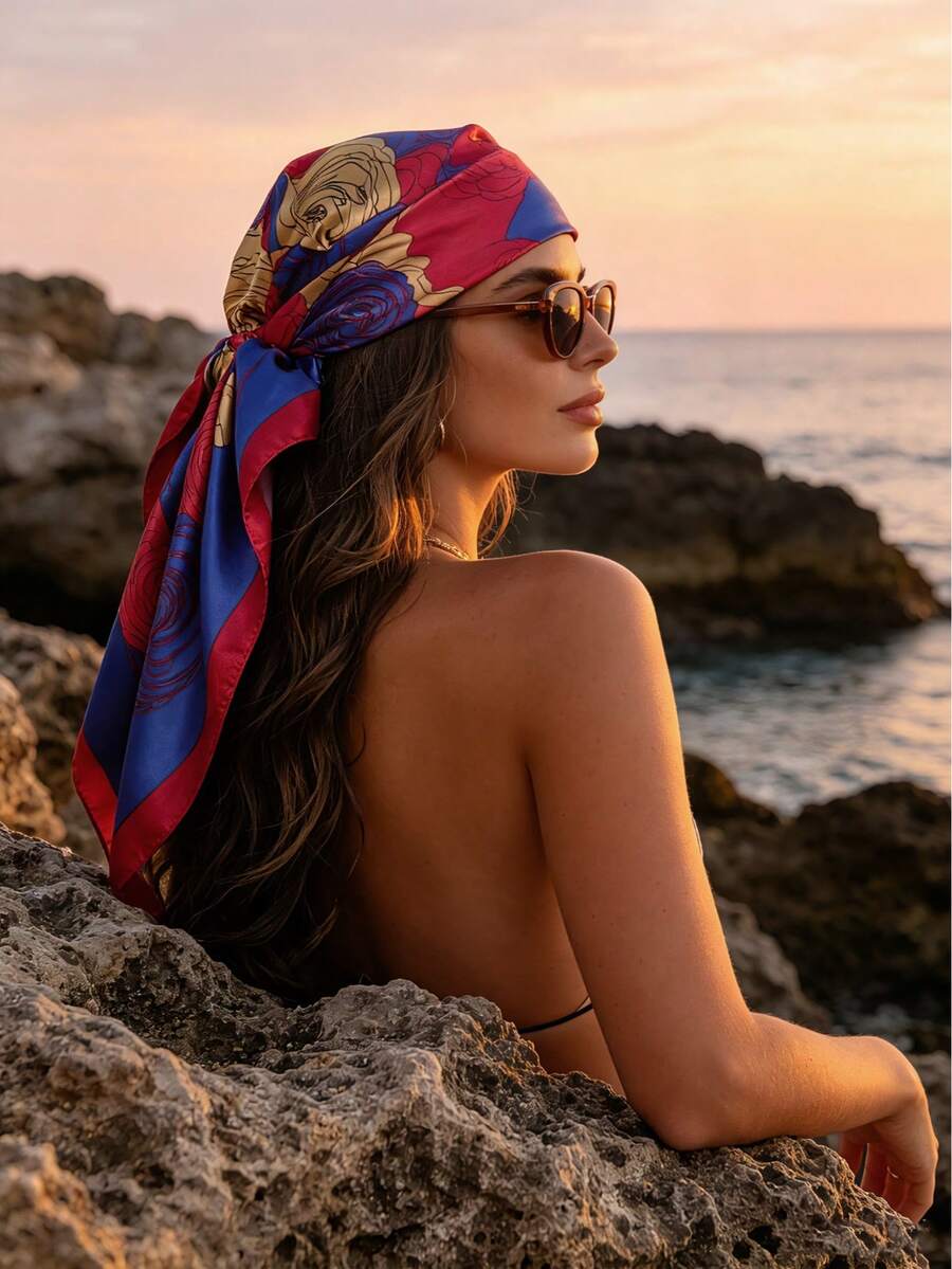 1 buah Jilbab Wanita Motif Bunga Blok Warna Bentuk Persegi, Ringan untuk Liburan Pantai Musim Panas, Perlengkapan Perjalanan, Liburan - Biru - View 1