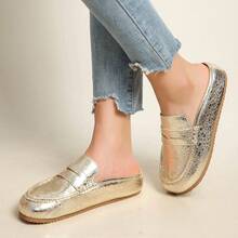 Women's Gold Flat Sandals, Retro Slip-On Mules, Casual Versatile Plus Size Shoes - Gold - View 2