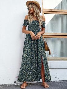 Vestido largo con abertura alta, estampado floral ditsy, hombros descubiertos, para vacaciones y playa, para mujer - Azul - Ver 4