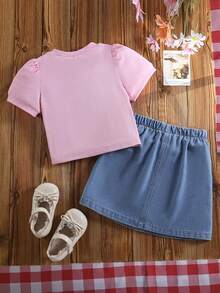 Young Girl Pink Ribbed Heart Top & Denim Skirt Set - Multicolor - View 3