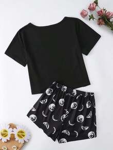 Conjunto de pijama con gráfico de luna y letra - Negro - Ver 2