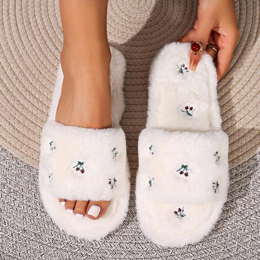 女款居家刺繡蝴蝶結布面平底毛絨室內拖鞋，四季可穿