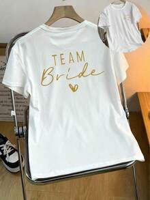 Women's Short-Sleeved T-Shirt With Bridal-Themed Decorative Patterns And The Slogan "" In Cursive Lettering, Round Neck, Short Sleeve, Casual Style For Spring/Autumn/Summer, Back-To-School Outfits For Women, Women's Tops, Summer Outfits, Women's Holiday Outfits, Women's Spring Outfits, Tops, Women's Club Outfits, Black Color, 100% Cotton. - 白色 - 查看 5