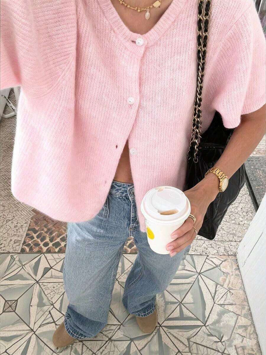 Cárdigan de punto rosa sólido, novedad primavera/verano, para mujer, con cuello redondo, manga corta y botones, estilo minimalista, romántico, casual y urbano, ideal para citas, desplazamientos diarios, San Valentín, Año Nuevo, o como prenda superior para el Carnaval. - Rosa - Ver 1