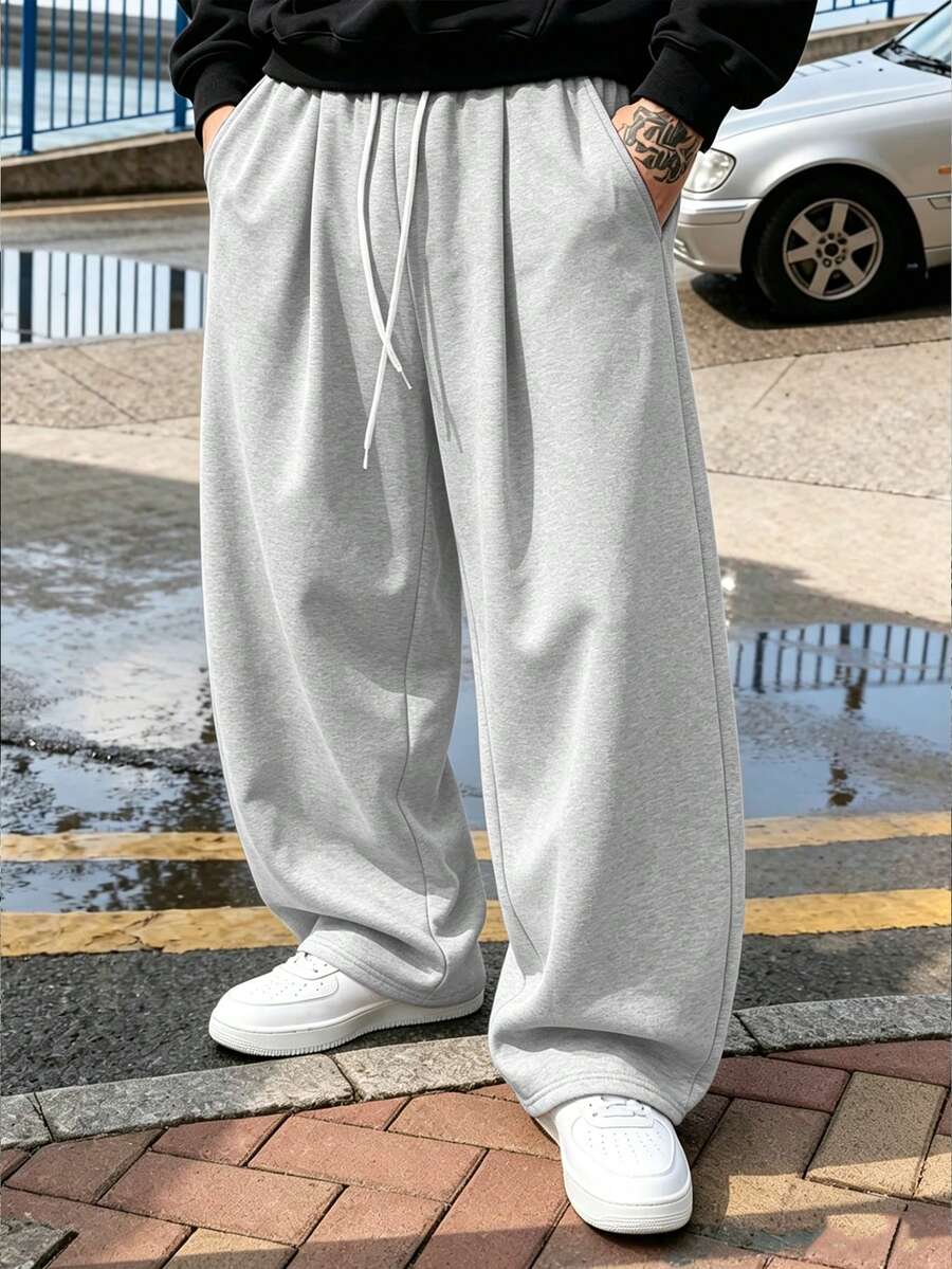 男士黑色宽松抽绳腰九分裤，休闲街头风 - 灰色 - 查看 1
