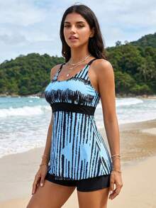 Tankini Swimsuit For Women Bathing Suits High Waisted Tummy Control Boy Shorts Swimwear A-Line Skirt Top Black Blue Stripe Printed Full Coverage - 薄荷藍 - 查看 4