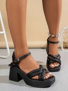Women's Fashion Thick Bottom Sandals With Ruched Strap, Closure, & Open-Toe - Black 2 - 查看 4