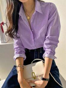 Lindo cárdigan de manga larga con botones y rayas azules, blusa/parte superior casual elegante vintage para mujer, adecuado para primavera/verano, días festivos/Día de San Valentín - Morado - Ver 9