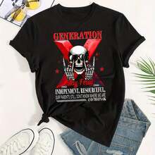 Women's Black And White Crew Neck Graphic Print Cotton T-Shirt, Versatile And Suitable For Streetwear, Everyday Wear, Camping, Concerts, And Hip-Hop, Rock, And Rap Events. A Great Option For Generation X, Featuring A Skull Hand Design, This Casual, Loose-Fitting, Oversized Short-Sleeve Tee Is Perfect For Spring, A  Basic Tee For Summer, And Makes A Great Gift For Women. - 黑色 - 查看 2