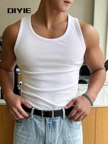 DIYIE Men's Casual Letter Print Velvet Slim Fit Sleeveless Top, Fabric Material, Spring/Summer Style - White - View 1