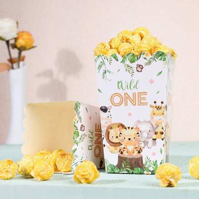 10/20/50/100Pcs Safari Jungle Animal Pattern Popcorn Boxes, Tropical Leaf And Watercolor Animal Print Open-Top Snack Containers, Disposable Paper Treat Boxes For Popcorn, French Fries, Candies, Desserts, Perfect For Themed Parties, Safari Events, Tropical Gatherings, Holiday Celebrations, Garden Events, Party Favors, Food Packaging Supplies, Durable Lightweight Party Accessories, Versatile Containers For Snacks And Small Treats