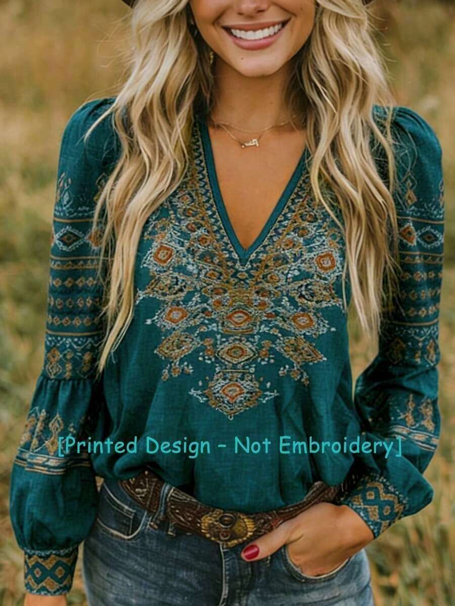 Zayélia Blusa casual versátil de uso diario con cuello en V y pliegues para mujer - Verde Oscuro - Ver 1