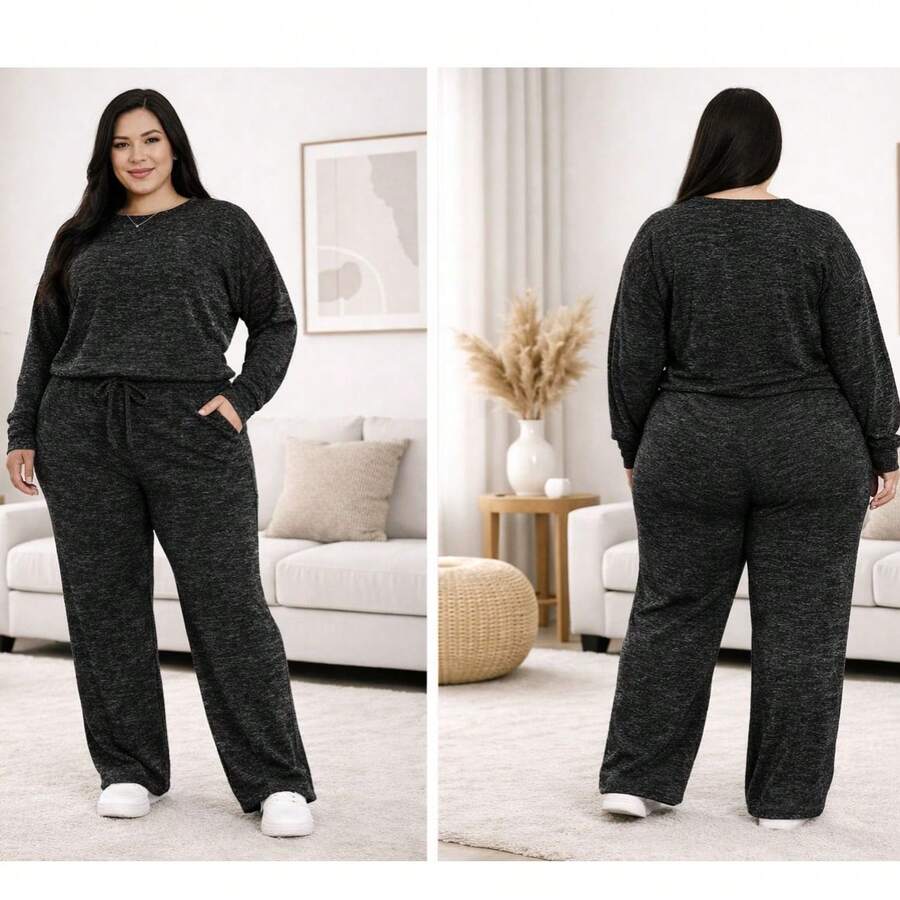 Lanzinha Ribi Plus Size Winter Set - Long-Sleeved Blouse And Wide-Leg Pants - Super Comfortable - Black - View 1