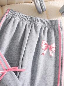 Baby Girl Ribbon Bow Decor Round Neck Long Sleeve Top And Pants Set - Grey - View 6