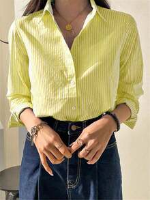 Lindo cárdigan de manga larga con botones y rayas azules, blusa/parte superior casual elegante vintage para mujer, adecuado para primavera/verano, días festivos/Día de San Valentín - blanco amarillento - Ver 2