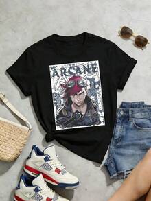Ropa de Verano para Mujer, Camiseta Casual de Algodón Suave con Cuello Redondo, Estampado de Personajes de Anime Arcane Letter. - Negro - Ver 2