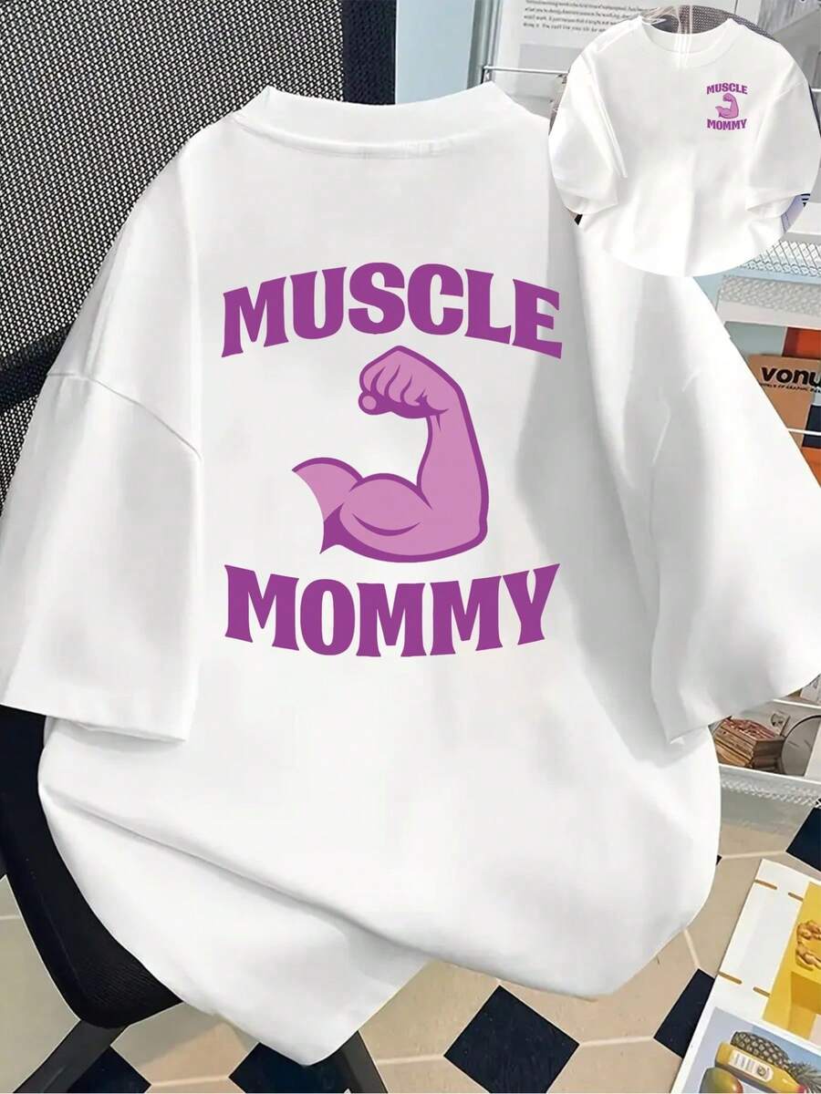 Kortärmad t-shirt med tryck och design fram och bak - För muskulösa mammor, starka mammor - Damt-shirt med tryck för vår/sommar, ditt bästa val! - Vitt - Visa 1