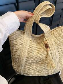 Dedoo Bolso de mujer de gran capacidad con estilo bohemio, decorado con flecos y cuentas de madera, adecuado para vacaciones de verano y viajes - Beis - Ver 8