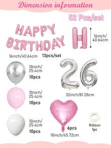 13/50/52件組女性粉色生日裝飾套裝－生日快樂橫幅＋愛心形鋁箔氣球＋粉色、白色與金屬銀加厚乳膠氣球，適用於生日派對、成人生日、15-30歲、40歲生日裝飾、拍照背景裝飾 - 彩色 - 查看 21