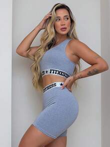 Kit 2 Conjuntos Zero Transparencia 2 Tops e 2 Shorts Elástico Exposto Academia Fitness Feminino - Preto e Off Mescla - Visão 11