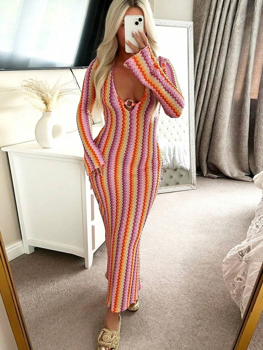 Bohemian Vacation Style Sexy Woven Colorful Striped Design, Casual And Fashionable Slim Fit V-Neck Long Sleeved Color Woven Dress For Women - 紅色 - 查看 1