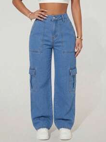 Pantalon wide leg tipo cargo de dama de mezclilla stretch holgado y comodo | Jean para mujer de pierna ancha con bolsillos laterales y algodon elastico premium diseño urbano y suave | Pantalon vaquero moderno de caida fluida con tecnologia de estiramiento y acabado de alta calidad tallas 3 5 7 9 11 13 15 | Ropa de mujer resistente y flexible ideal para oficina o uso diario mas de 10 lavados disponibles | Jean de mezclilla funcional con costuras reforzadas y ajuste perfecto para dama - Sky - Ver 2