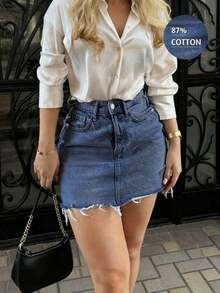 Minifalda de mezclilla con dobladillo deshilachado estilo retro Y2K, falda ajustado ajustada de cintura alta con forma de corazón, diseño de verano, vestido de verano para mujer, ropa de verano para mujer, falda de mezclilla, ropa casual - Azul lavado oscuro - Ver 12