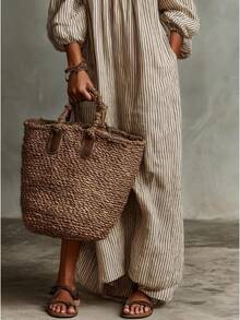 2026 Spring, Summer, Autumn New Elegant Women's Dresses Beige Striped Off-Shoulder Maxi Dress, Puff Sleeve Loose Casual Linen-Blend Beach Dress - 黃色 - 查看 9