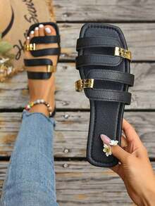 Women's Summer New Open Toe Flat Sandals With Gold Stripe Cutout Design, Navy Blue Color, Suitable Casual, Holiday, Daily Wear - Match With Dresses, Leggings, Casual Pants, Shorts, Skirts.Slip-On Snake Print Ladies Slippers, Suitable Spring, Summer, Autumn, Valentine's Day, Mother's Day, Festivals, Parties, Fashion, Elegant, Minimalist,, Cute, Vacation, Travel, Daily Matching, Beach Shoes - 黑色 - 查看 13