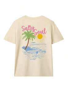 SALTY SOUL Camiseta de Manga Corta con Cuello Redondo para Mujer, Estampado de Cocotero y Sol, para Primavera/Verano, Ropa Casual para Vacaciones en la Playa, Prenda Esencial para el Día a Día. Camiseta estampada de vacaciones para mujer, blanca, estilo vintage urbano, unisex, holgada, de algodón, manga corta, cuello redondo, blusas para mujer. blusas.blusas casuales para dama. - Albaricoque 3 - Ver 3