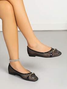 Square Toe Mary Jane Mesh Slip-On Flat Shoes, Sexy Yet Comfortable, Breathable For Summer - Black - View 16