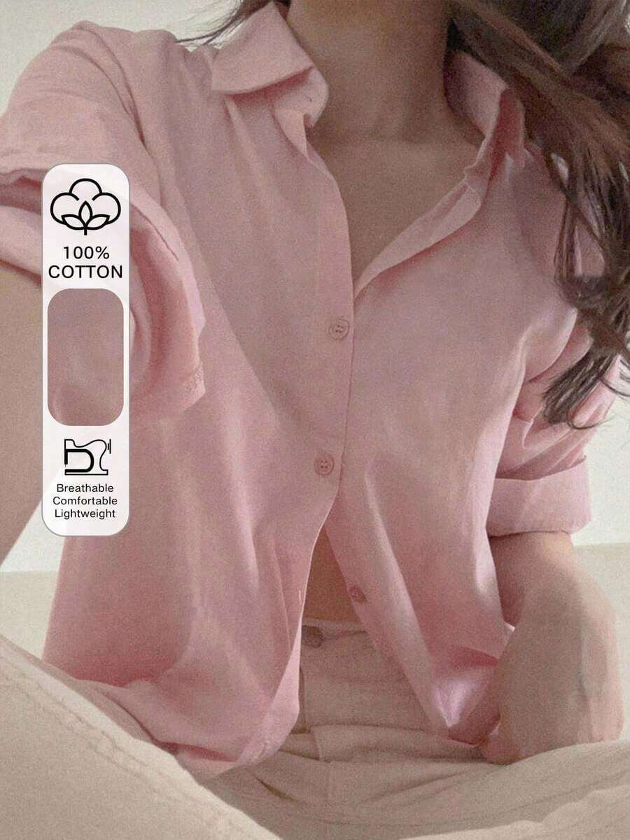 Blusa de Mujer Sólida Rosa Claro, Manga Larga, Cuello Clásico, Corte Relajado y Cómodo, Estilo Chic y Minimalista, Prenda Multiusos para Primavera, Verano, Otoño e Invierno - Rosa - Ver 1