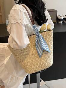 1pc High-Quality Textured Woven Bucket Tote Bag, Suitable For Daily Use, Dates, Shopping, And Fashionable Vacation Essentials - Beige - View 5