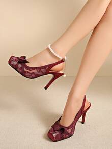 Sapatos de Salto Alto de Renda Preta, Sandálias Sexy com Laço e Bico Fechado para Mulheres, Sapatos de Verão - Vinho - Visão 8
