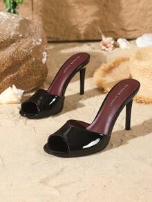 On feet& in love Women's Fashion Elegant Round Toe Peep Toe Low Vamp Open Toe Outdoor Wear Sandals High Heel Slippers Suitable For Matching With Dresses - Black - View 6