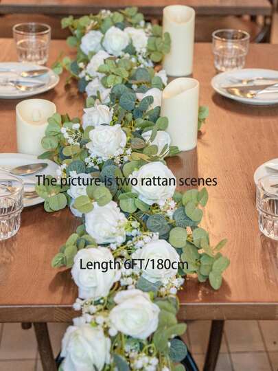 1 pièce Couronne artificielle d'eucalyptus de 6 pieds avec 10 roses blanches et gypsophile, couronne florale factice, couronne de feuillage vert, convient pour les mariages, les fêtes de printemps à la maison, l'artisanat, les chemins de table, la décoration d'automne, la décoration de table à manger, la Saint-Valentin