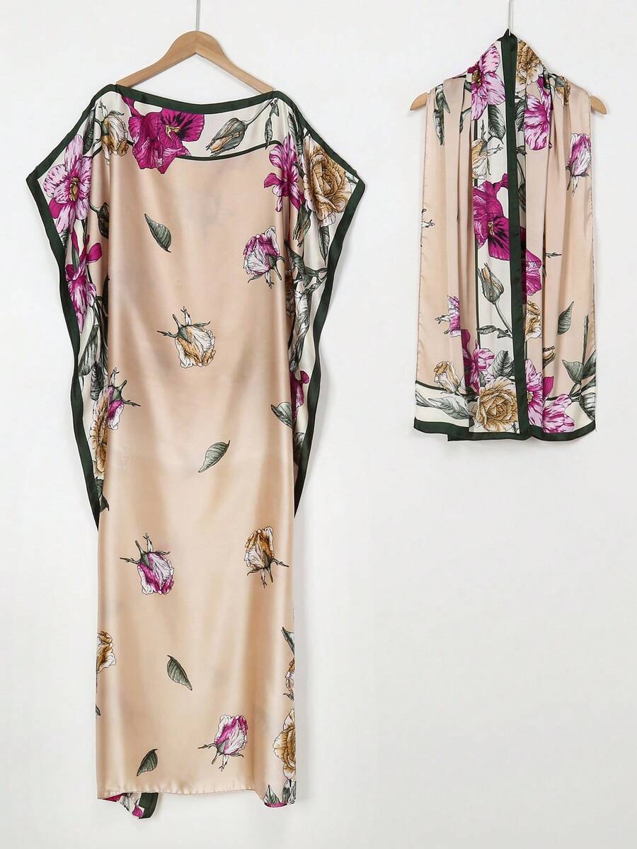 1pc Faux Silk Rose Printed Robe, Shawl & Scarf Set, Women Coverup For Beach, Sun Protection, Daily Wear - Multicolor - View 1