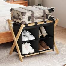 Huhote Portaequipajes para habitación de invitados, soporte plegable para veliz con estante de almacenamiento de tela, soporte de equipaje de bambú mejorado, soporte de equipaje plegable de acero para - Natural - Ver 2