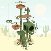 Cactus Cat Tree 59.5in Cat Tower W/Cute Perch Cozy Condo Convenient Climbing Ladder Moppy Fabric-Covered Cat House For Indoor Cats Green/Brown - như hình - Xem 5