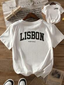 Top casual da donna a maniche corte stampato sul davanti e sul retro, essenziale per l'estate, LISBONA, PORTOGALLO, con scollo rotondo stampato - Abbigliamento da donna, vestibilità comoda, design classico - Koszulki - Bianco - Visualizzare 1