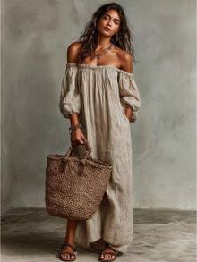 2026 Spring, Summer, Autumn New Elegant Women's Dresses Beige Striped Off-Shoulder Maxi Dress, Puff Sleeve Loose Casual Linen-Blend Beach Dress - 藍色 - 查看 7