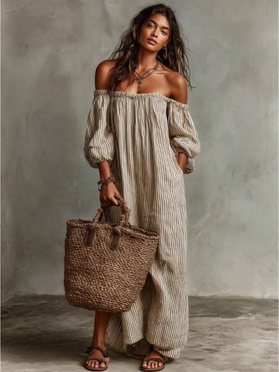 2026 Spring, Summer, Autumn New Elegant Women's Dresses Beige Striped Off-Shoulder Maxi Dress, Puff Sleeve Loose Casual Linen-Blend Beach Dress - 米白色 - 查看 1