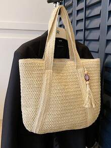Dedoo Bolso de mujer de gran capacidad con estilo bohemio, decorado con flecos y cuentas de madera, adecuado para vacaciones de verano y viajes - Beis - Ver 3