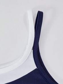 Conjunto casual para adolescentes, estilo universitário americano, com colete decorativo com laço e calça reta folgada, em cores contrastantes. - Azul marinho - Ver 4