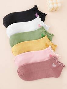6 Pairs Solid Color Heart Cute Sweet Japanese Style Ruffle Hem Minimalist Fashion Women Short Socks - Multicolor - View 11