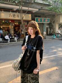 Starfish & Bubble Letter Print Slouchy Black T-Shirt For Women, Summer Short Sleeve, Niche American Retro Versatile Top Casual - Black - View 5
