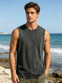Men's Distressed Sleeveless Tank Top Charcoal Washed Vintage Style Oversized Crewneck Vest Retro Casual Outfit VS003-AB - màu đen - Xem 9
