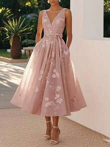Women's Multi-Color Sleeveless Banquet Dress, Embroidered V-Neck, Cinched Waist, Lace Up Back Design, Elegant Mid Length A-Line Dress, Formal Evening Cocktail Wedding Guest Party Fashion Dresses - 深粉紅色 - 查看 1
