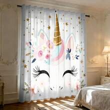 2pcs High-Definition Digital Dreamy Cartoon Unicorn And Eyelash Print Decorative Curtains, Polyester Material, Easy To Install, Rod Pocket Hanging, Semi-Transparent Privacy Protection, Machine Washable And Hand Washable, Suitable For Bedroom, Office, Kitchen, Living Room, Study, Home Decor. - Multicolor - View 5